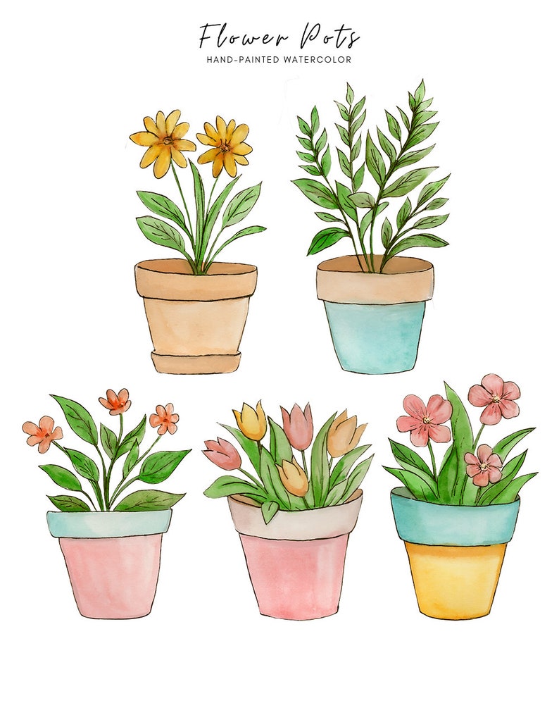 Puede incluir: Cinco ilustraciones de acuarela de macetas con diferentes plantas. Las macetas son de varios colores, incluyendo amarillo, azul, rosa y marr&oacute;n. Las plantas incluyen flores amarillas, helechos verdes, flores rosas y tulipanes naranjas.