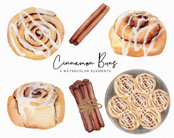 Cinnamon Bun Clipart - Watercolor Cinnamon Buns  - food clip art - dessert clipart - bakery clip art - instant download - Commercial Use