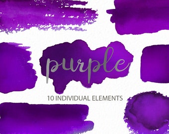 Op de afbeelding: Tien paarse aquarel penseelstreken en vlekken. Het woord "purple" is in zilveren schrift op een van de vlekken geschreven. De tekst "10 INDIVIDUAL ELEMENTS" staat onder de vlekken.