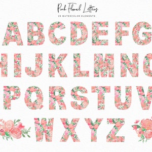 May include: Pink floral letters of the alphabet, A through Z, with a floral design. 26 watercolor elements.