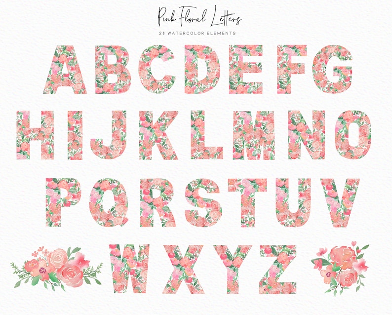 May include: Pink floral letters of the alphabet, A through Z, with a floral design. 26 watercolor elements.