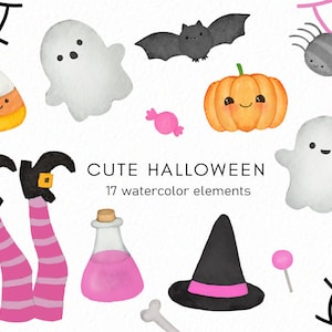 Pink Halloween clipart - Cute clipart - watercolor halloween - kids halloween clipart- jack-o-lantern - ghosts - instant download