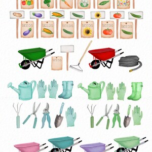 May include: A set of 74 watercolor illustrations of gardening tools and supplies. The illustrations include a watering can, gloves, boots, a wheelbarrow, a rake, a shovel, a pair of pruning shears, a pair of gardening shears, and a variety of seed packets.