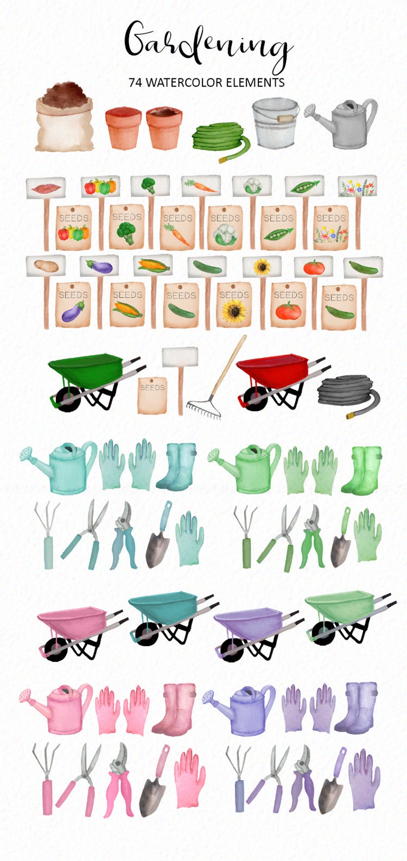 May include: A set of 74 watercolor illustrations of gardening tools and supplies. The illustrations include a watering can, gloves, boots, a wheelbarrow, a rake, a shovel, a pair of pruning shears, a pair of gardening shears, and a variety of seed packets.