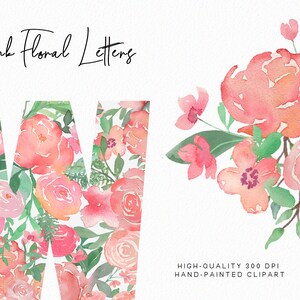May include: Pink floral letters, the letter W is shown with a watercolor design of pink flowers and green leaves. The text "Pink Floral Letters" is at the top of the image. The text "HIGH-QUALITY 300 DPI HAND-PAINTED CLIPART" is at the bottom of the image.
