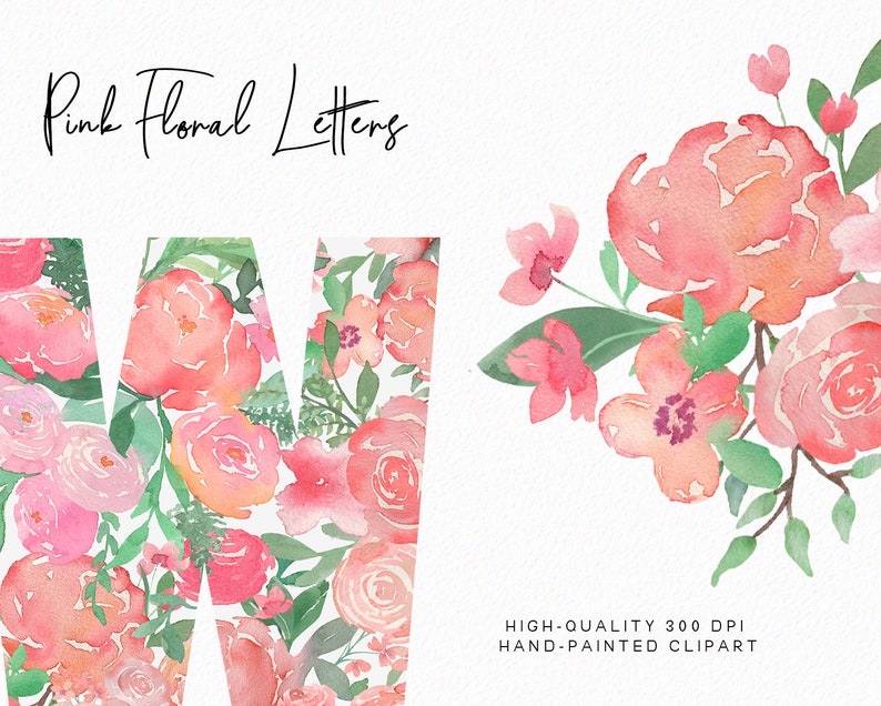 May include: Pink floral letters, the letter W is shown with a watercolor design of pink flowers and green leaves. The text "Pink Floral Letters" is at the top of the image. The text "HIGH-QUALITY 300 DPI HAND-PAINTED CLIPART" is at the bottom of the image.