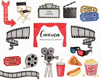 Watercolor Movie Night Clipart Cinema Clipart Movie Theatre Clipart Movies Clipart Popcorn Instant Download Commercial Use (Download Now) - Etsy