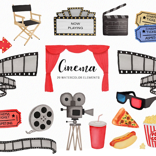 Watercolor Movie Night Clipart - Cinema Clipart - Movie theatre clipart - movies clipart - popcorn - instant download - Commercial Use