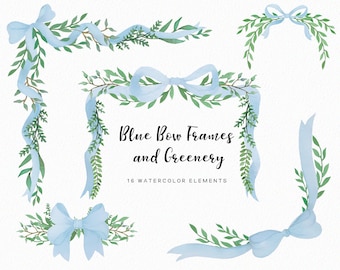 Blue Watercolor Bows - Bow frames clipart - Christmas bow clipart - greenery clipart - red bows - instant download - Commercial use