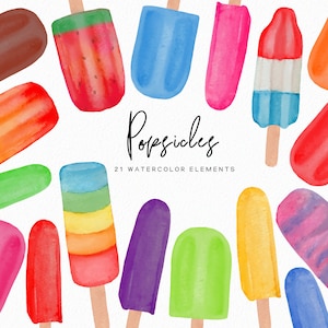 May include: A collection of 21 watercolor illustrations of popsicles in various colors and flavors, including watermelon, rainbow, chocolate, and red, white, and blue. The text "Popsicles" and "21 Watercolor Elements" is written in black at the bottom of the image.