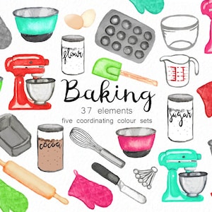 Baking Watercolor Clipart - Kitchen clipart - food clip art - mixer clip art - bakery clip art - instant download - Commercial Use