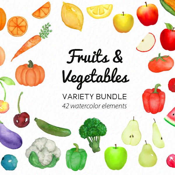 Watercolor Fruit and Vegetable Clipart - food clipart - veggie - lemon citrus - berry - watermelon - pumpkin clipart - commercial instant