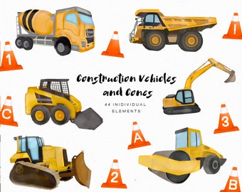 Watercolor Construction Vehicle Clipart: 44 Handmade PNG Images (Commercial Use)