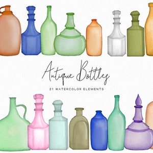 Botellas antiguas pintadas a mano - Clipart de botellas de acuarela - Botellas vintage elegantes - Clipart de botellas de vidrio coloridas - Clipart de borde - Comercial