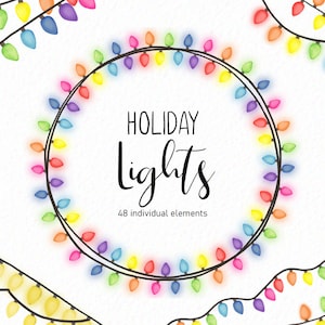 Puede incluir: Un conjunto de 48 ilustraciones individuales de luces navideñas de colores, realizadas en acuarela. Las luces están enhebradas en diferentes arreglos, incluyendo un círculo y una línea recta. El texto "HOLIDAY lights" y "48 individual elements" también está incluido en la imagen.