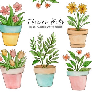 May include: Watercolour illustration of six flower pots with different flowers and plants. The pots are painted in various colours, including yellow, blue, pink, and brown. The flowers include tulips, daisies, and other unnamed flowers. The text "Flower Pots" and "Hand-Painted Watercolour" is written in black at the top of the image.