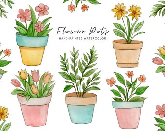 Flower Pots clipart, botanical hand drawn watercolor floral png files, flower illustrations, hand painted