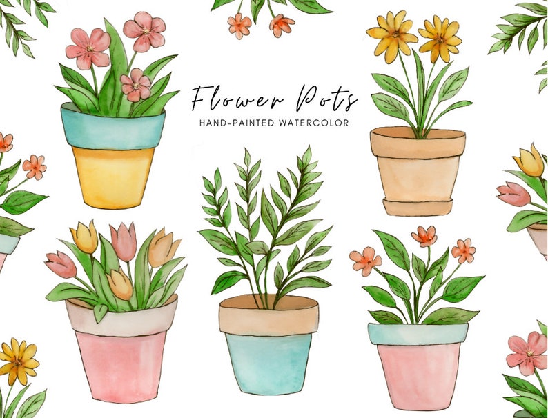 Puede incluir: Ilustraci&oacute;n de acuarela de seis macetas con diferentes flores y plantas. Las macetas est&aacute;n pintadas en varios colores, incluyendo amarillo, azul, rosa y marr&oacute;n. Las flores incluyen tulipanes, margaritas y otras flores sin nombre. El texto "Flower Pots" y "Hand-Painted Watercolor" est&aacute; escrito en negro en la parte superior de la imagen.