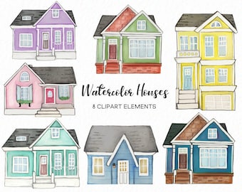 Handpainted Watercolor Houses Clipart: Cottagecore Home Graphics (Digital Download)