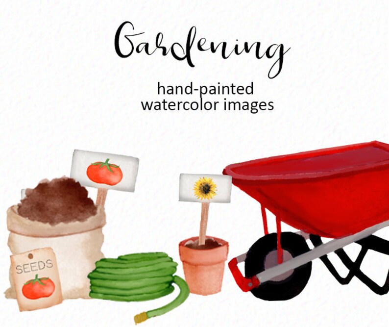 May include: A watercolor illustration of gardening supplies, including a bag of soil, a watering can, a hose, a potted sunflower, a tomato plant, and a red wheelbarrow. The text "Gardening" and "hand-painted watercolor images" is written above the illustration.