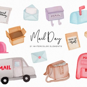 Op de afbeelding: Waterverf illustraties van post-gerelateerde items, waaronder brievenbussen, enveloppen, een postwagen en een pakket. De tekst "Mail Day" en "You've Got Mail" zijn ook in de afbeelding opgenomen.