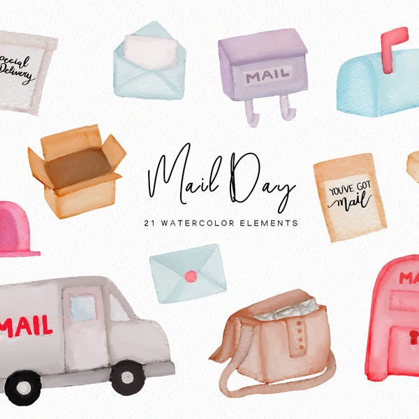 Watercolor Mail Clipart - Mail day Clipart - Delivery clipart - package clipart - mailbox business clipart - ethical - non-AI