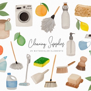 Cleaning clip art Watercolor cleaning supplies book clipart cleaner mask clipart broom mop clipart download Commercial image 1
