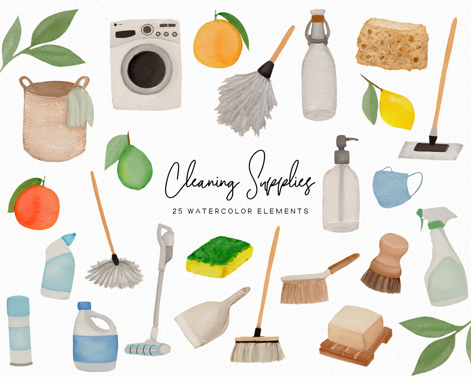 Cleaning clip art - Watercolor cleaning supplies - book clipart - cleaner -  mask clipart - broom mop clipart - download - Commercial