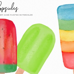 May include: Watercolor illustration of three popsicles. The popsicles are red and green, green, and blue, yellow, orange, and red. The image is labeled "Popsicles 300 DPI Hand Painted Watercolor".