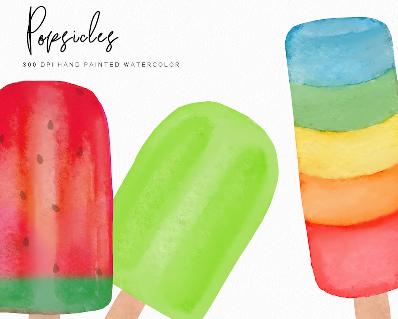 May include: Watercolor illustration of three popsicles. The popsicles are red and green, green, and blue, yellow, orange, and red. The image is labeled "Popsicles 300 DPI Hand Painted Watercolor".