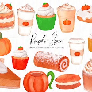 Handpainted Watercolor Pumpkin Spice Clipart: Autumn Desserts (Commercial Use)