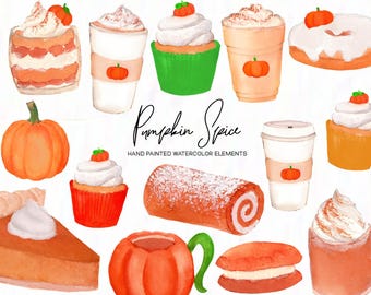 Handpainted Watercolor Pumpkin Spice Clipart: Autumn Desserts (Commercial Use)