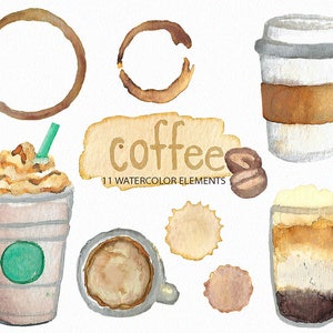 May include: Watercolor illustrations of coffee themed elements, including a cup of coffee, a coffee cup with whipped cream, a coffee stain, and coffee beans. The text "coffee" is written in brown on a beige background.