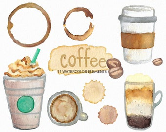 May include: Watercolor illustrations of coffee themed elements, including a cup of coffee, a coffee cup with whipped cream, a coffee stain, and coffee beans. The text "coffee" is written in brown on a beige background.