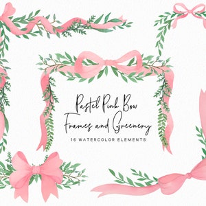 Handpainted Watercolor Bow Clipart: Pastel Pink Bows & Greenery (Commercial Use)