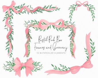 Handpainted Watercolor Bow Clipart: Pastel Pink Bows & Greenery (Commercial Use)