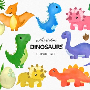 May include: Watercolor clipart set of cute dinosaurs in various colors, including a green T-Rex, a blue dinosaur, a pink Triceratops, a purple Brachiosaurus, a yellow Triceratops, and an orange Pterodactyl. The set also includes two brown dinosaur footprints and two eggs.
