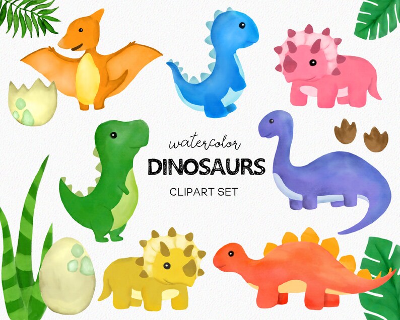 May include: Watercolor clipart set of cute dinosaurs in various colors, including a green T-Rex, a blue dinosaur, a pink Triceratops, a purple Brachiosaurus, a yellow Triceratops, and an orange Pterodactyl. The set also includes two brown dinosaur footprints and two eggs.