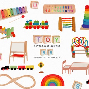 toy clip art - Watercolor toys - kids clipart - wooden toys - train clipart - toddler - baby - preschool - school - download Commercial