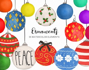 Puede incluir: Un conjunto de 35 adornos navideños de acuarela en varios colores y patrones, incluyendo rojo, verde, azul, dorado, blanco y plateado. Los adornos presentan diseños como copos de nieve, acebo, paz y patrones geométricos. Los adornos son perfectos para agregar un toque festivo a tu decoración navideña.