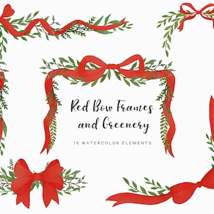 Handpainted - Red Watercolor Bows - Bow frames clipart - Christmas bow clipart - greenery clipart - red bows - instant download - Commercial