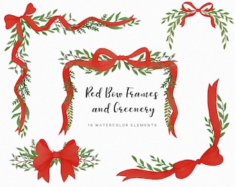Red Watercolor Bow Clipart: Christmas Bow Frames, Greenery (Digital Download)