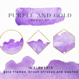 Purple and Gold Watercolor - Purple Brush strokes - Watercolor brush clipart - branding - logo designs - download - Commercial Use