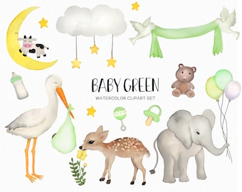 Clipart de bebê verde pintado à mão - gráficos de bebê neutros em termos de gênero - clipart de chá de bebê em aquarela - clipart de elefante bebê - cegonha - comercial