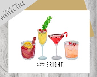 Handpainted - Printable Holiday card, digital christmas card, drinks card, diy cards, printable card, digital download cards, instant card