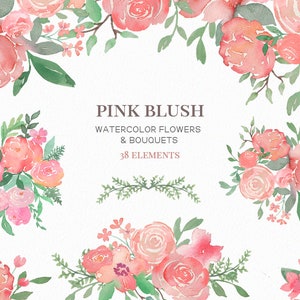 May include: Watercolor illustrations of pink blush flowers and bouquets. The set includes 38 elements, perfect for creating floral designs.