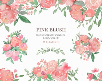 Könnte beinhalten: Aquarell-Illustrationen von rosa Blüten und Blumensträußen. Das Set enthält 38 Elemente, perfekt zum Erstellen von Blumenmustern.