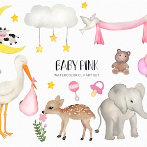 Handpainted Baby girl clipart -baby pink graphics -watercolor baby shower clipart- baby elephant clipart -stork clipart -   - Commercial