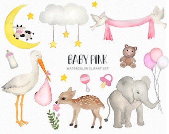 Handpainted Baby girl clipart -baby pink graphics -watercolor baby shower clipart- baby elephant clipart -stork clipart -   - Commercial