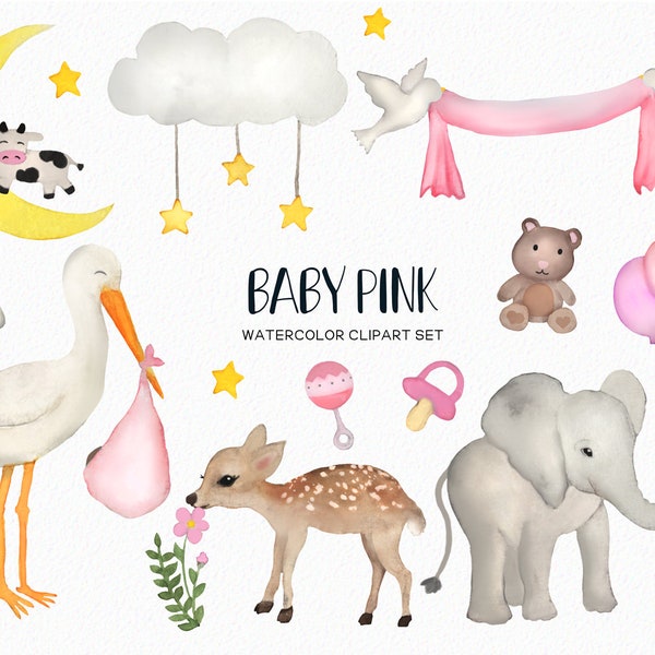 Baby girl clipart -baby pink graphics -watercolor baby shower clipart- baby elephant clip art -stork clipart - instant download - Commercial